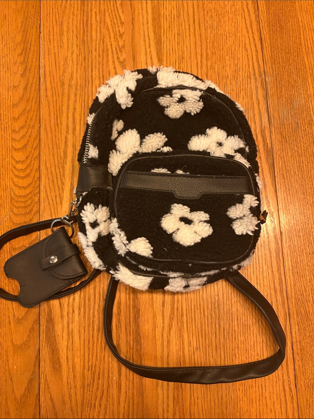(5/$20) Black & White Floral Sherpa Mini Backpack - Women